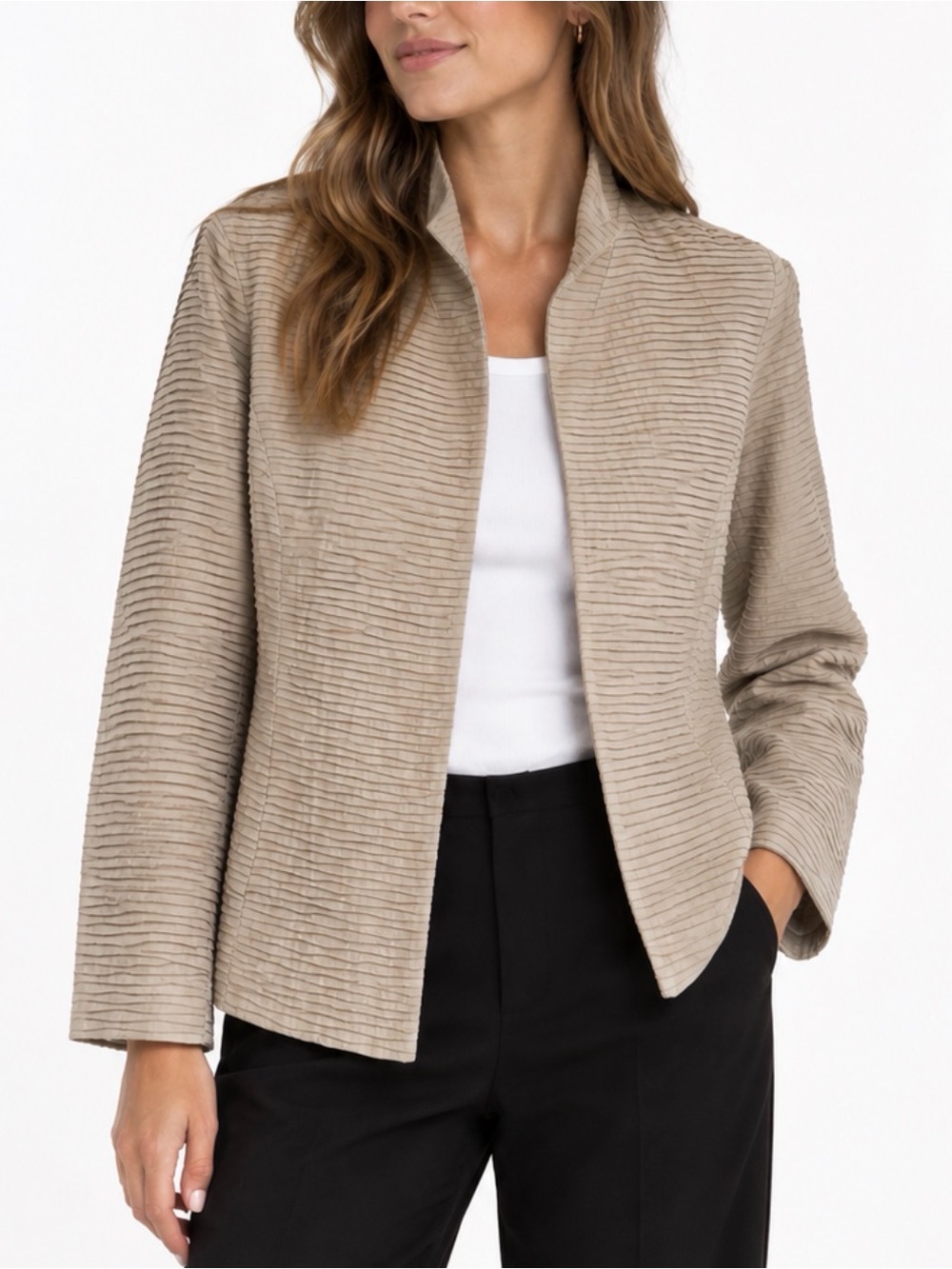 Eileen Fisher 100% Silk Textured Open-Front Jacket in Shiny Taupe Gray (Size PM)